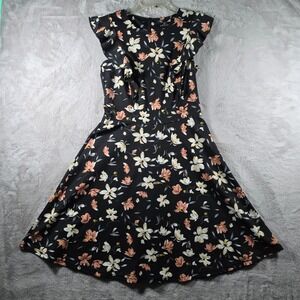 Yathon Floral Fit and Flare Dress Womens‎ Large Black Ruffle Sleeveless Summer